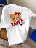 Women'WB shield Cartoon Bear & Letter Print Round Neck Tee, Fashion Casual Short Sleeve T-shirt for Daily Holiday...