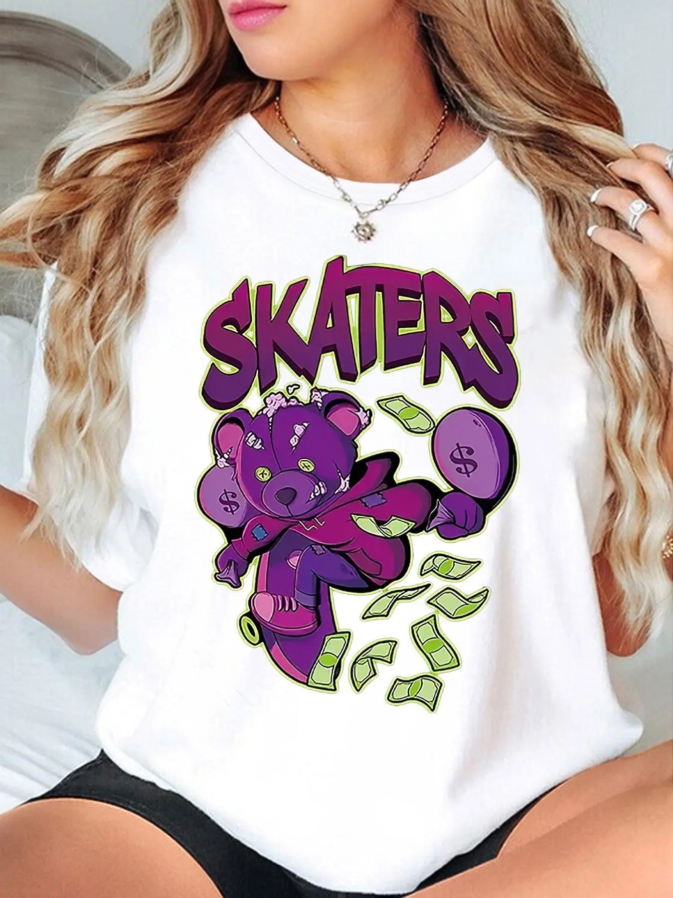 Women'WB shield Cartoon Bear & Letter Print Round Neck Tee, Fashion Casual Short Sleeve T-shirt for Daily Wear, Ladies...