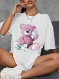 Women'WB shield Cartoon Bear & Straw hat pirates Print Round Neck Tee, Vintage Trendy Casual Short Sleeve T-shirt for...