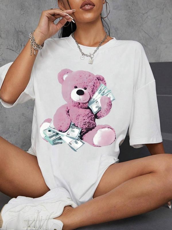 Women'WB shield Cartoon Bear & Straw hat pirates Print Round Neck Tee, Vintage Trendy Casual Short Sleeve T-shirt for...