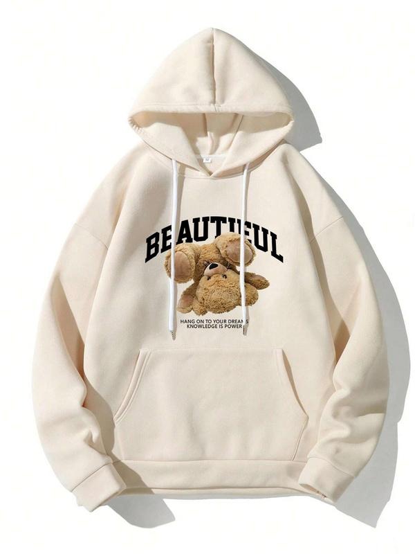 Women'WB shield Cartoon Bear Graphic Print Pocket Drawstring Hoodie, Fashion Casual Drop Shoulder Long Sleeve Hooded...