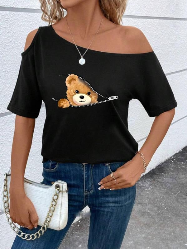 Women'WB shield Cartoon Bear Print Asymmetrical Neck Tee, Fashion Casual T-Shirt for Daily Holiday Vacation Outdoor Wear,...