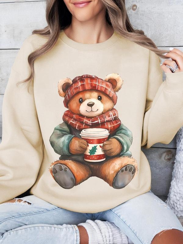 Women'WB shield Cartoon Bear Print Crew Neck Drop Shoulder Sweatshirt, Casual Long Sleeve Pullover for Fall & Winter,...