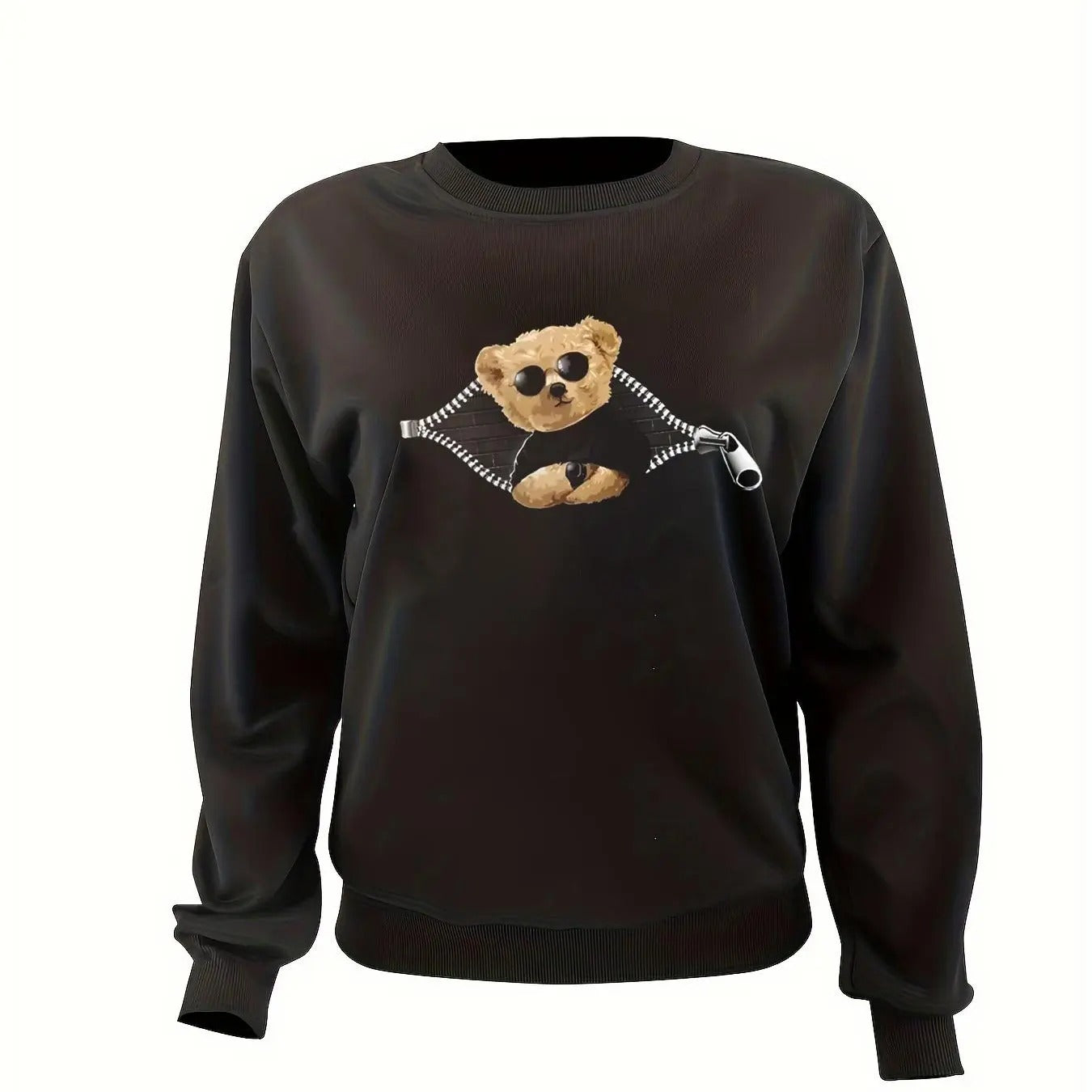 Women'WB shield Cartoon Bear Print Crew Neck Sweatshirt, Casual Long Sleeve Pullover, Women'WB shield Fall & Winter TNF...