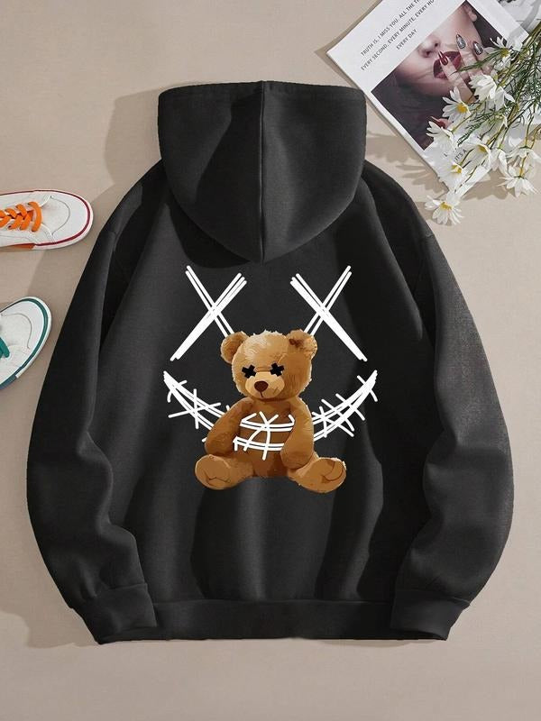 Women'WB shield Cartoon Bear Print Drawstring Pocket Drop Shoulder Graphic Hoodie, Fashion Casual Hooded Sweatshirt for...
