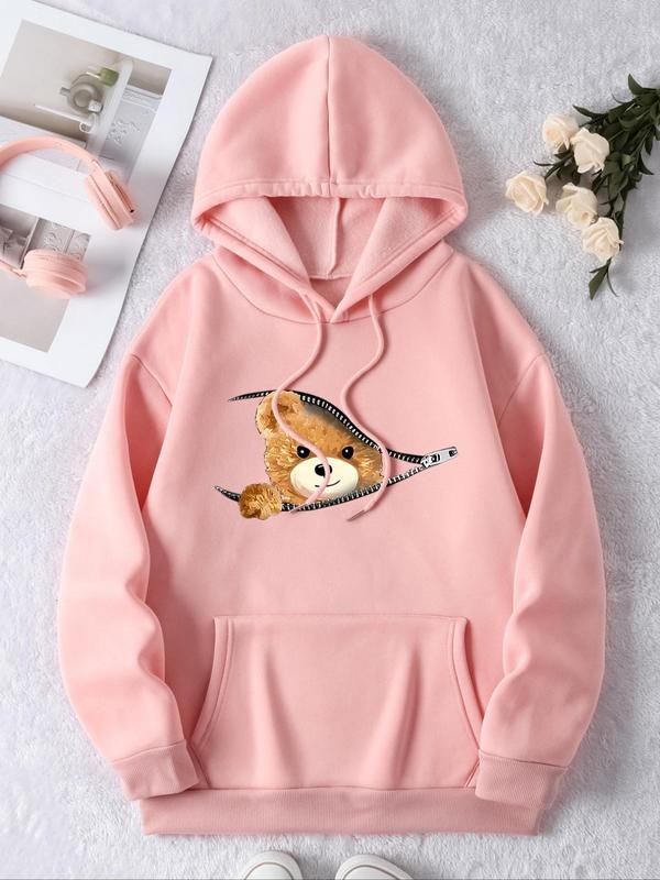 Women'WB shield Cartoon Bear Print Drop Shoulder Long Sleeve Drawstring TNF Lined Hoodie, Comfort Pocket Hooded...