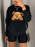 Women'WB shield Cartoon Bear Print Drop Shoulder Sweatshirt, Casual Long Sleeve Round Neck Pullover for Daily Wear,...