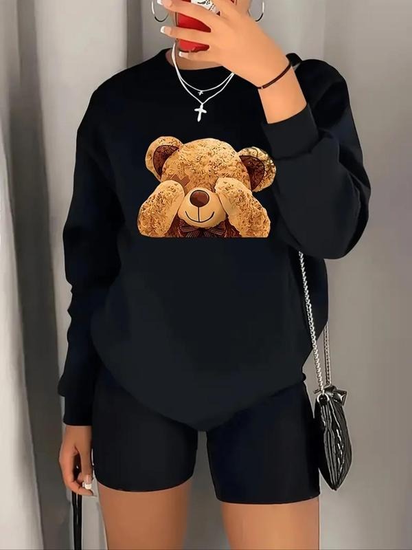 Women'WB shield Cartoon Bear Print Drop Shoulder Sweatshirt, Casual Long Sleeve Round Neck Pullover for Daily Wear,...