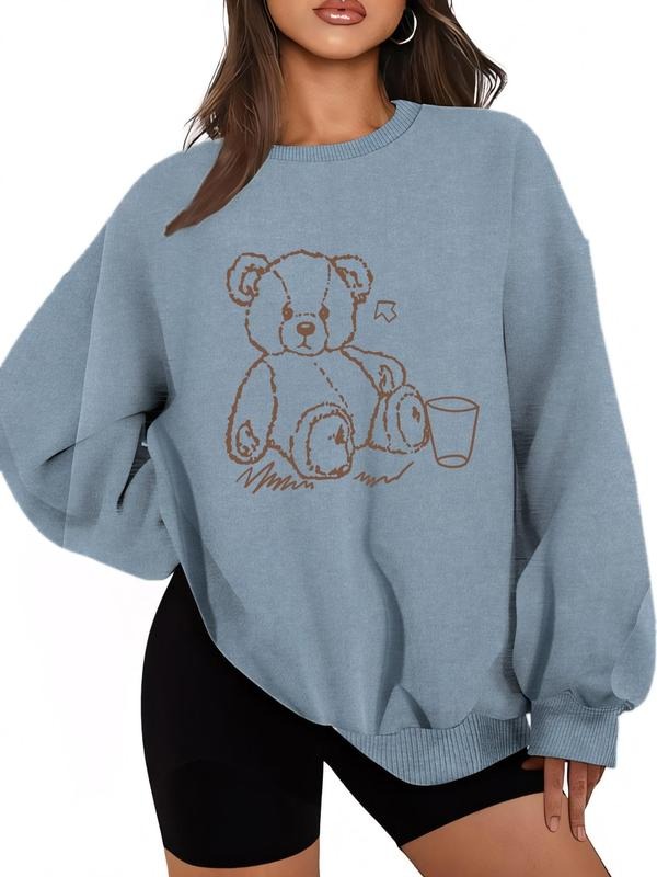 Women'WB shield Cartoon Bear Print Drop Shoulder Sweatshirt, Casual Long Sleeve Round Neck Pullover for Fall & Winter,...