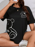 Women'WB shield Cartoon Bear Print Drop Shoulder Tee, Casual Half Sleeve Round Neck T-Shirt for Daily Wear, Graphic Tees,...
