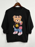 Women'WB shield Cartoon Bear Print Round Neck Sweatshirt, Fashion Casual Crew Neck Long Sleeve Pullover for Daily Wear,...