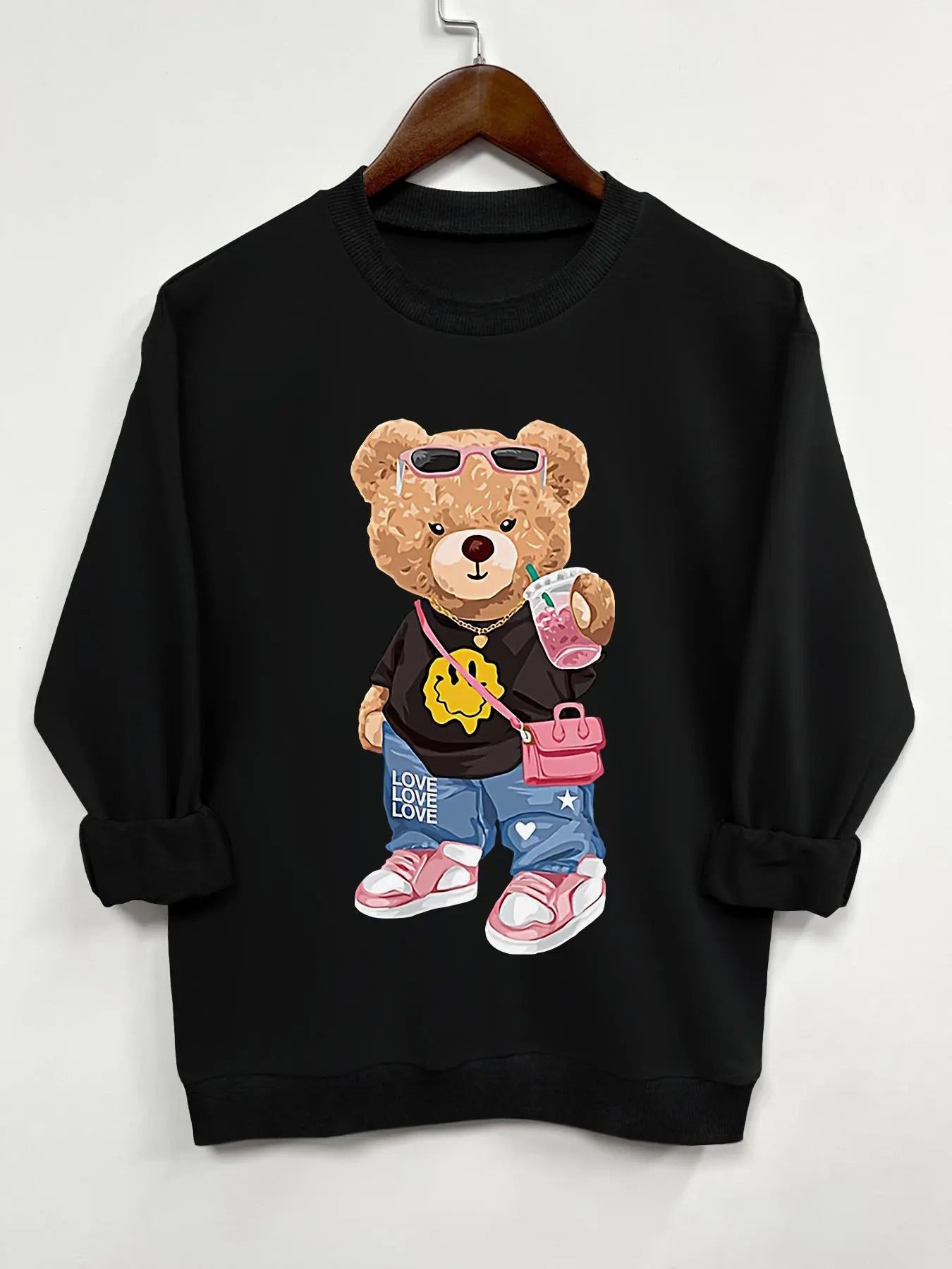 Women'WB shield Cartoon Bear Print Round Neck Sweatshirt, Fashion Casual Crew Neck Long Sleeve Pullover for Daily Wear,...
