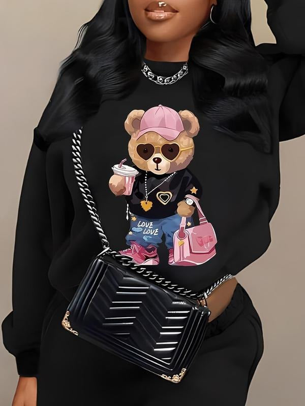 Women'WB shield Cartoon Bear Print Round Neck Sweatshirt, Fashion Casual Crew Neck Long Sleeve Pullover for Daily Wear,...