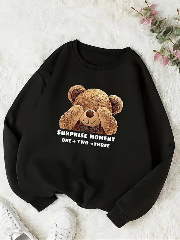 Women'WB shield Cartoon Bear Print Round Neck Sweatshirt, Fashion Casual Crew Neck Pullover for Daily Holiday Outdoor...