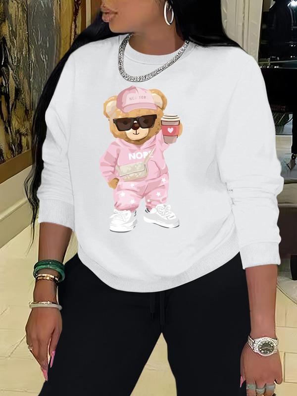 Women'WB shield Cartoon Bear Print Round Neck Sweatshirt, Fashion Casual Letter Graphic Crew Neck Pullover For Daily...