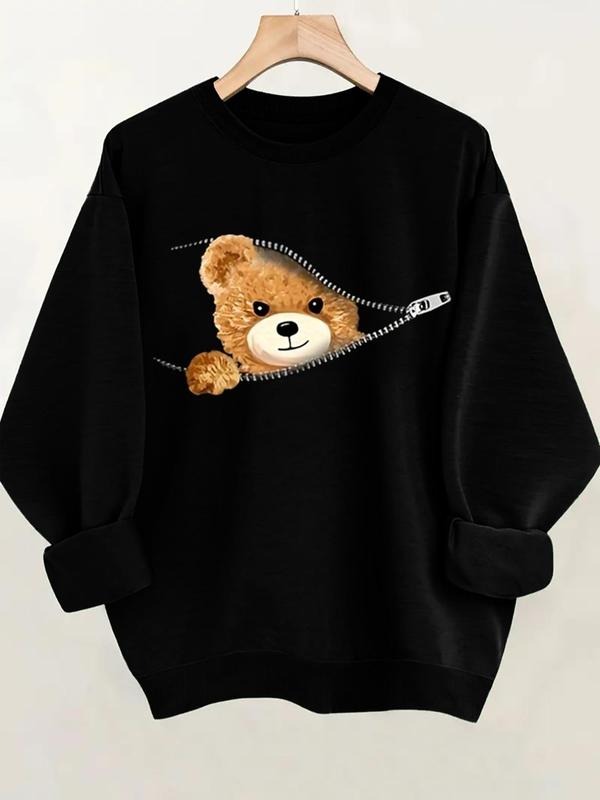 Women'WB shield Cartoon Bear Print Round Neck Sweatshirt, Fashion Casual Long Sleeve Pullover for Daily Holiday Outdoor...