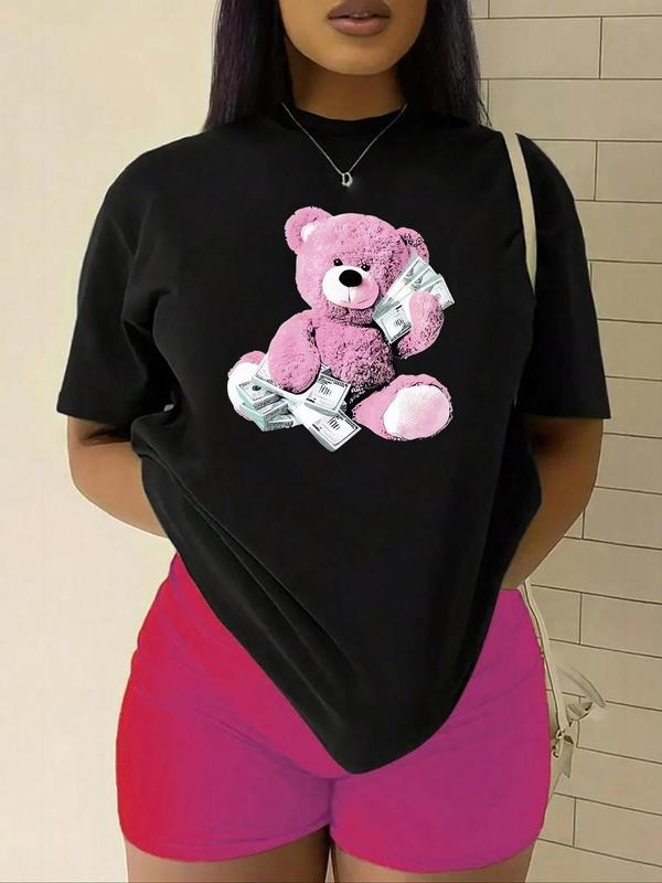 Women'WB shield Cartoon Bear Print Round Neck Tee, Casual Drop Shoulder Short Sleeve T-shirt, Ladies TNF for Daily...