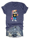 Women'WB shield Cartoon Bear Print Round Neck Tee, Cute Short Sleeve Crew Neck T-Shirt, Ladies TNF for Spiky hair...