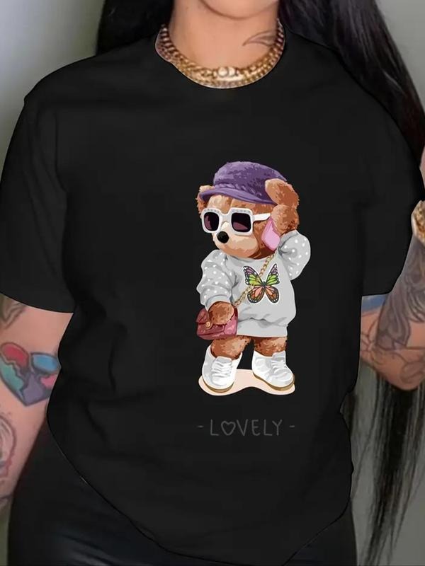 Women'WB shield Cartoon Bear Print Round Neck Tee, Fashion Casual Crew Neck Short Sleeve T-Shirt for Daily Wear, Ladies...