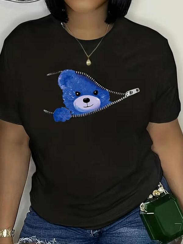Women'WB shield Cartoon Bear Print Round Neck Tee, Fashion Casual Crew Neck T-Shirt for Daily Holiday Vacation Outdoor...