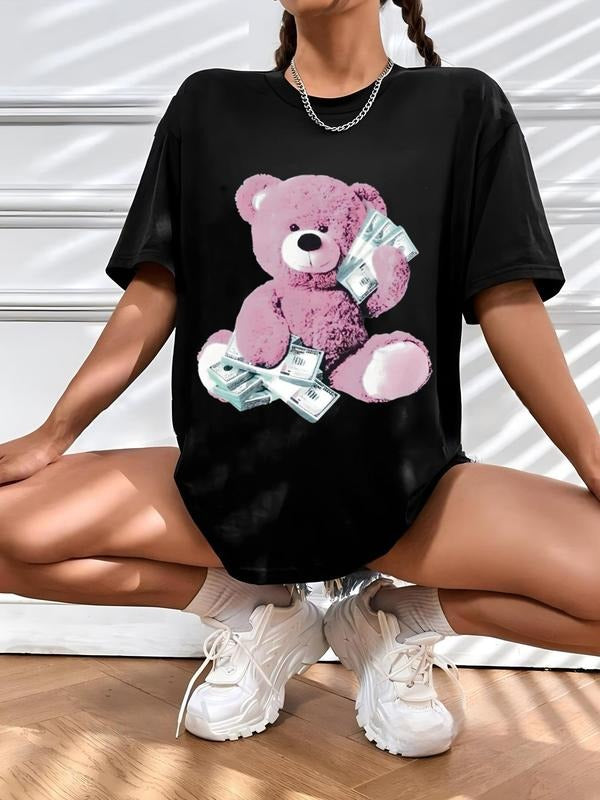 Women'WB shield Cartoon Bear Print Round Neck Tee, Fashion Casual Drop Shoulder Half Sleeve T-Shirt for Daily Wear,...