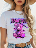 Women'WB shield Cartoon Bear Print Round Neck Tee, Fashion Casual Short Sleeve Crew Neck T-shirt for Daily Holiday...