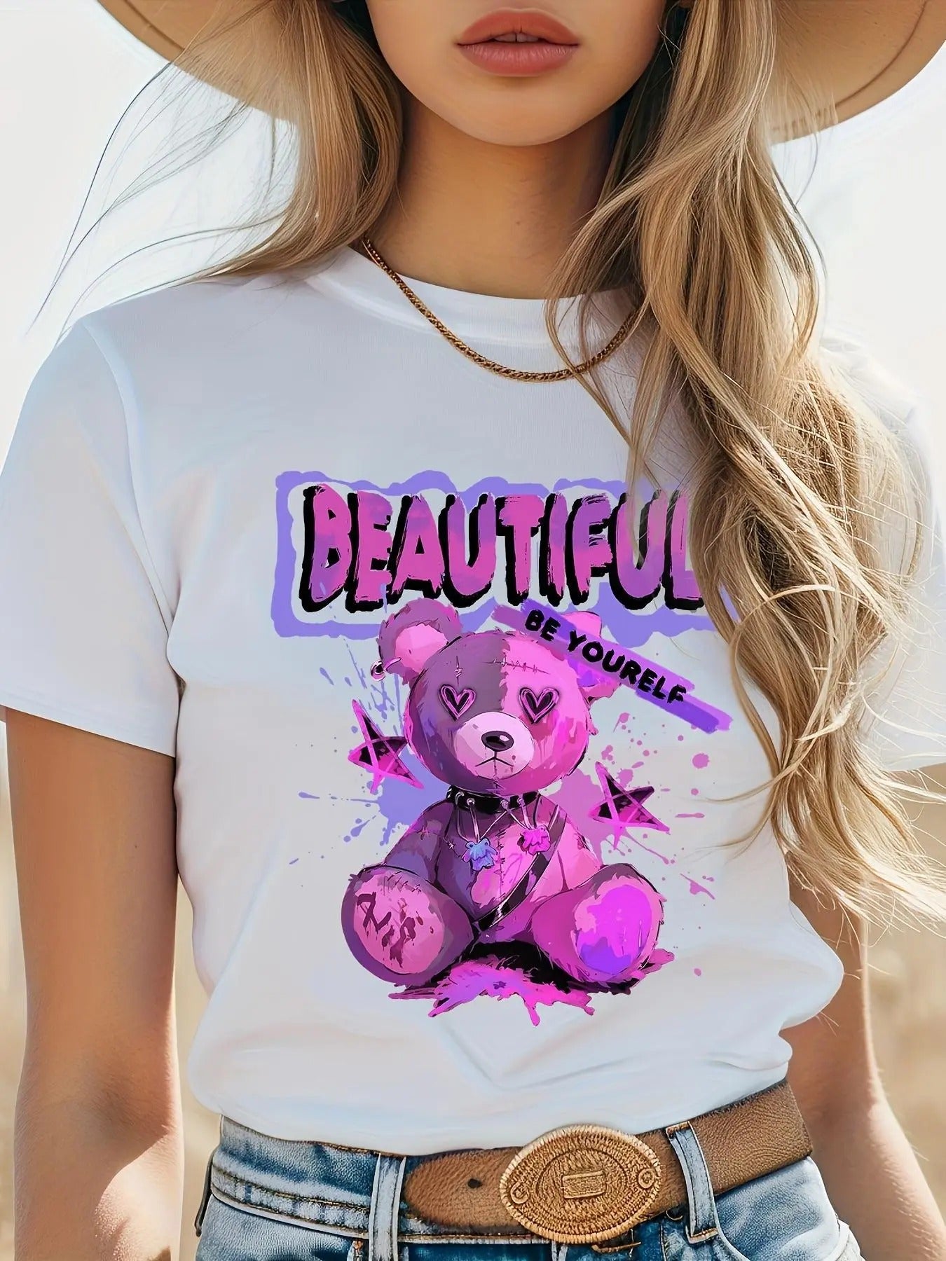 Women'WB shield Cartoon Bear Print Round Neck Tee, Fashion Casual Short Sleeve Crew Neck T-shirt for Daily Holiday...