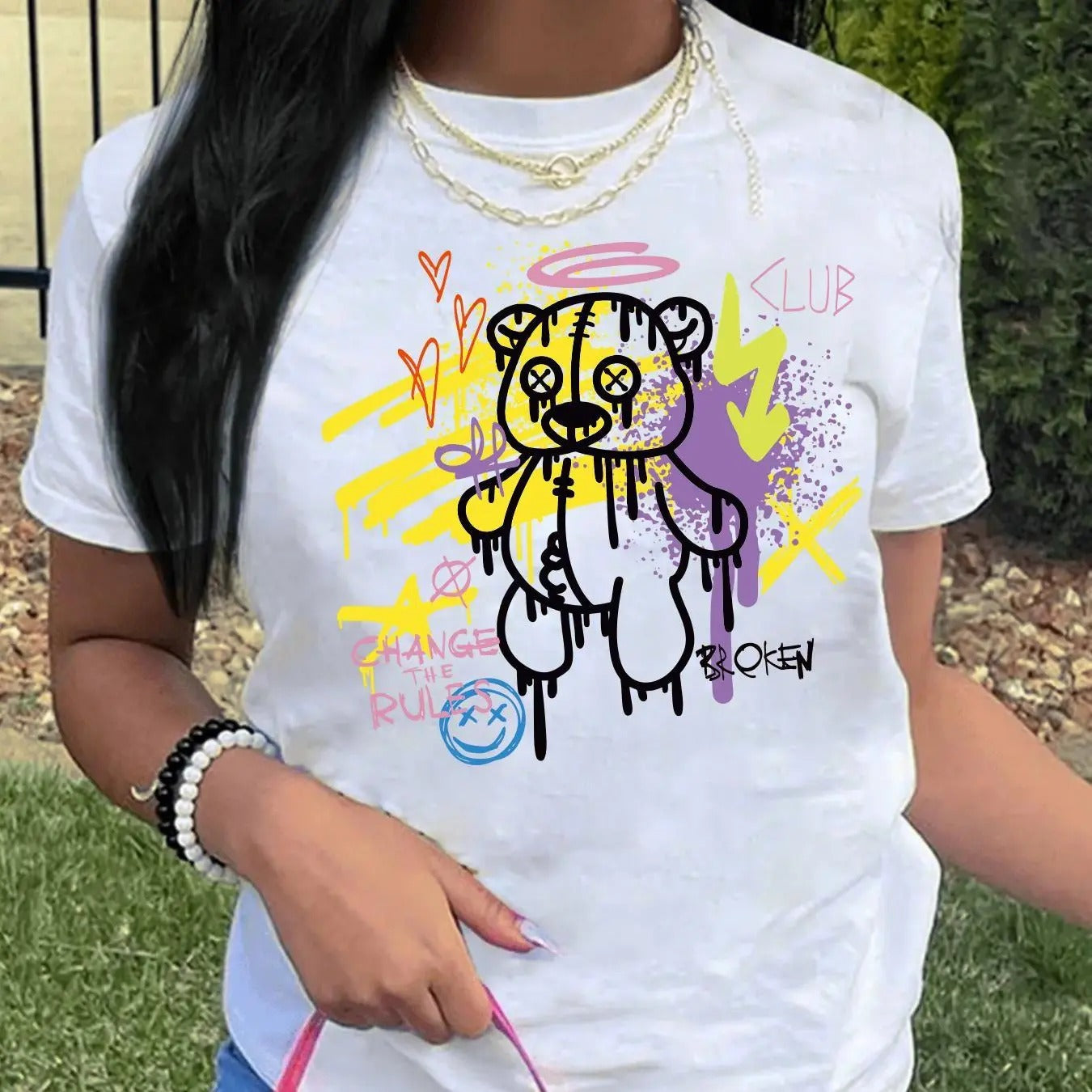 Women'WB shield Cartoon Bear Print Round Neck Tee, Fashion Casual Short Sleeve Crew Neck T-shirt for Daily Holiday...
