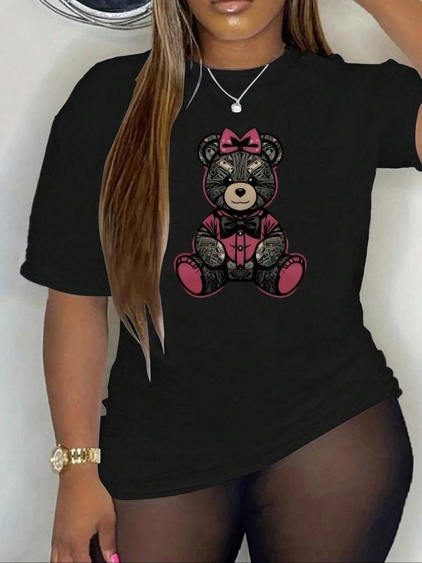 Women'WB shield Cartoon Bear Print Round Neck Tee, Fashion Casual Short Sleeve T-shirt for Daily Holiday Vacation Outdoor...