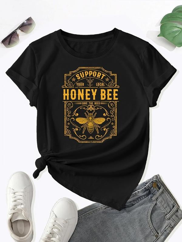 Women'WB shield Cartoon Bee Graphic Print Round Neck Tee, Fashion Casual Short Sleeve T-shirt for Daily Wear, Ladies...