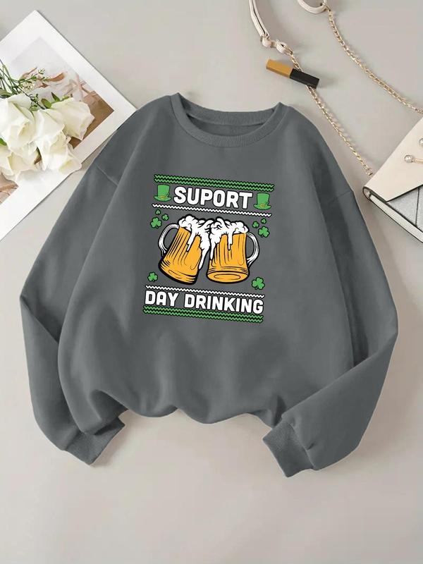 Women'WB shield Cartoon Beer & Letter Print Drop Shoulder Sweatshirt, Casual Long Sleeve Round Neck Pullover for Daily...
