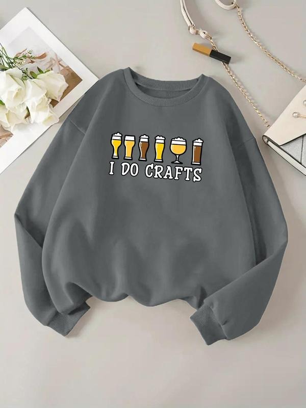 Women'WB shield Cartoon Beer & Letter Print Drop Shoulder TNF Lined Sweatshirt, Casual Long Sleeve Round Neck Pullover...