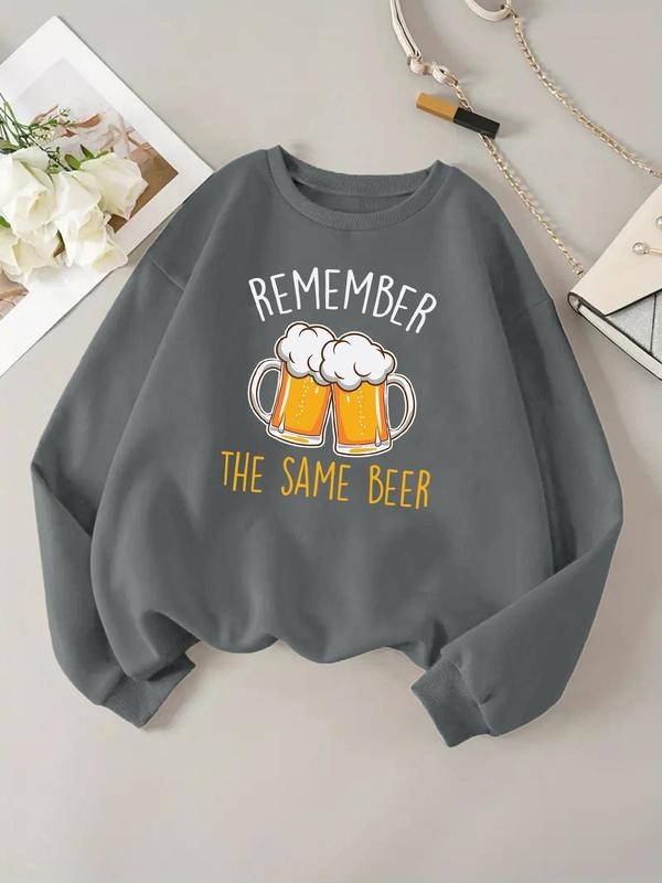 Women'WB shield Cartoon Beer & Letter Print Round Neck Sweatshirt, Casual Long Sleeve Pullover for Daily Wear, Ladies TNF...