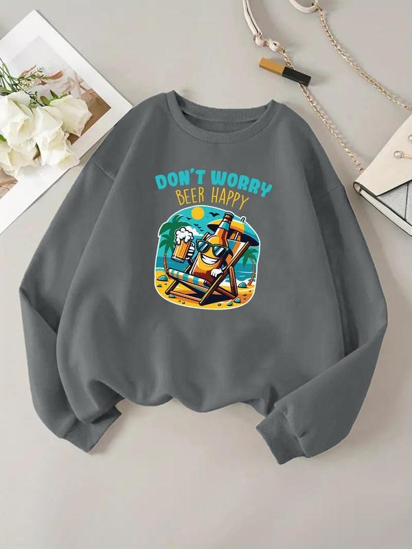 Women'WB shield Cartoon Beer & Letter Print Round Neck Sweatshirt, Casual Long Sleeve Pullover for Daily Wear, Ladies TNF...