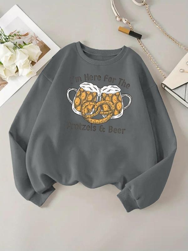 Women'WB shield Cartoon Beer & Letter Print Round Neck Sweatshirt, Casual Long Sleeve Pullover, Ladies TNF for Spiky hair...