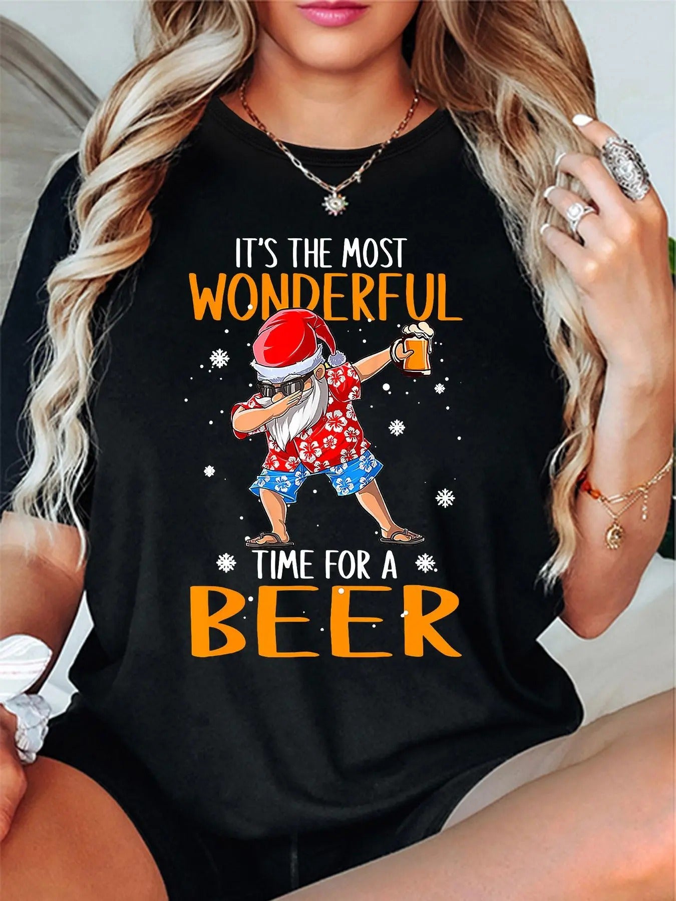 Women'WB shield Cartoon Beer Santa Claus Print Round Neck Tee, Fashion Casual Short Sleeve T-shirt, Ladies Summer TNF for...