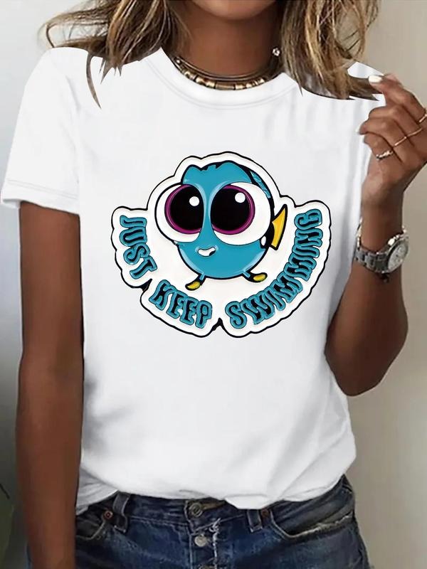 Women'WB shield Cartoon Bird Print Round Neck Tee, Fashion Casual Crew Neck T-Shirt for Daily Holiday Vacation Outdoor...