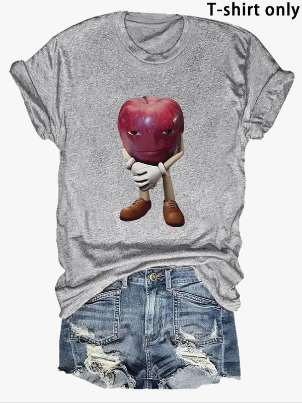 Women'WB shield Cartoon Bitten fruit Print Round Neck Tee, Fashion Casual Crew Neck T-Shirt for Daily Holiday Vacation...