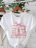 Women'WB shield Cartoon Book & Bowknot Print Round Neck Tee, Fashion Casual Crew Neck T-Shirt for Daily Holiday Vacation...
