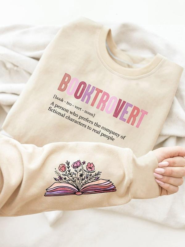 Women'WB shield Cartoon Book & Floral Print Crew Neck Sweatshirt, Trendy Casual Letter Graphic Drop Shoulder Long Sleeve...