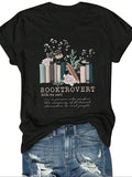 Women'WB shield Cartoon Book & Letter Print Round Neck Tee, Fashion Casual Crew Neck T-Shirt for Daily Holiday Vacation...