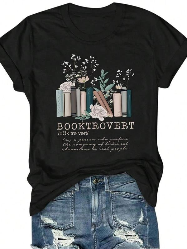 Women'WB shield Cartoon Book & Letter Print Round Neck Tee, Fashion Casual Crew Neck T-Shirt for Daily Holiday Vacation...