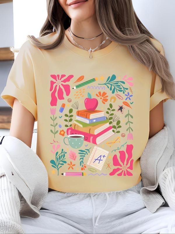 Women'WB shield Cartoon Book & Pencil Print Round Neck Tee, Fashion Casual Crew Neck T-shirt for Daily Holiday Vacation...