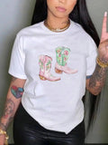 Women'WB shield Cartoon Boot Print Round Neck Tee, Fashion Casual Drop Shoulder Short Sleeve T-shirt, Ladies Summer TNF...