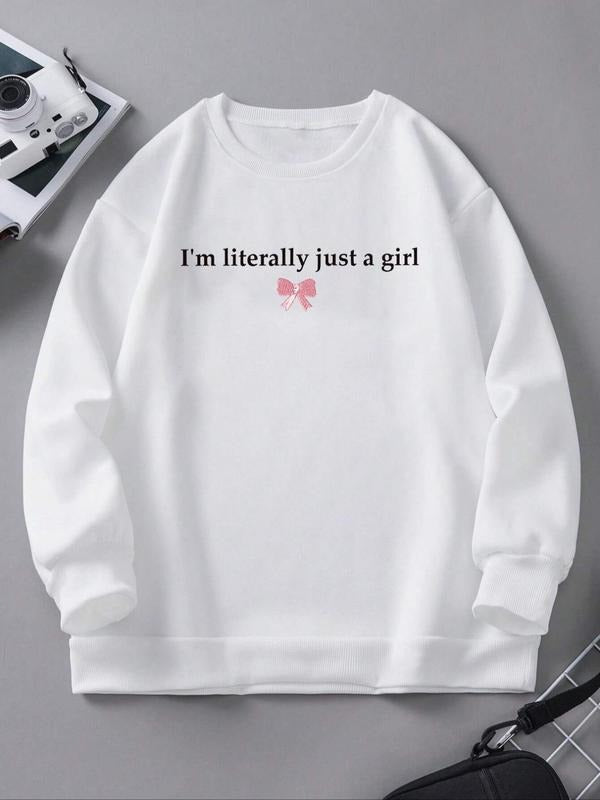 Women'WB shield Cartoon Bow & Letter Print Drop Shoulder TNF Lined Sweatshirt, Casual Long Sleeve Round Neck Pullover for...