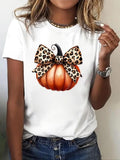 Women'WB shield Cartoon Bow & Pumpkin Print Round Neck Tee, Fashion Casual Crew Neck Short Sleeve T-shirt for Daily...