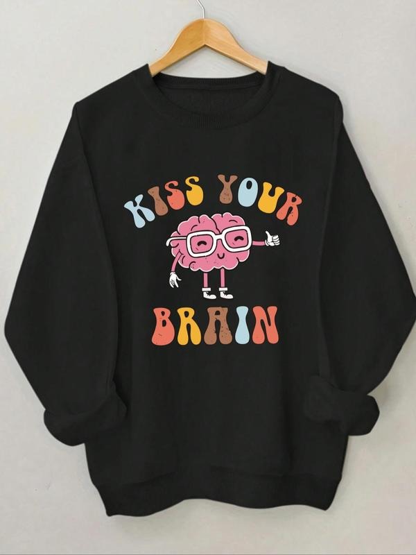 Women'WB shield Cartoon Brain & Letter Print Crew Neck Sweatshirt, Casual Long Sleeve Pullover for Fall & Winter, Women...