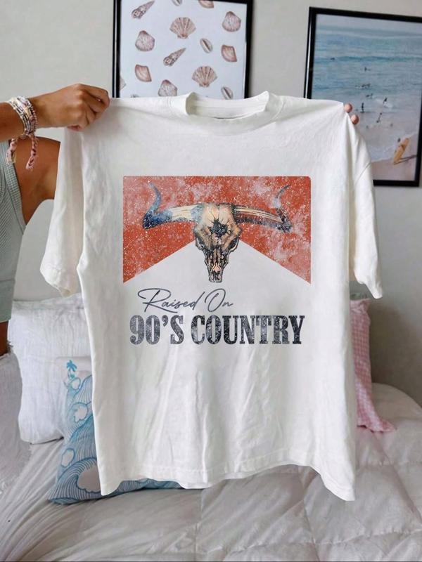 Women'WB shield Cartoon Bull Head & Letter Print Round Neck Tee, Vintage Trendy Casual Short Sleeve T-shirt for Daily...