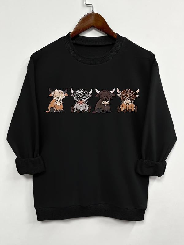 Women'WB shield Cartoon Bull Print Crew Neck Sweatshirt, Casual Long Sleeve Pullover, Women'WB shield Fall & Winter TNF...