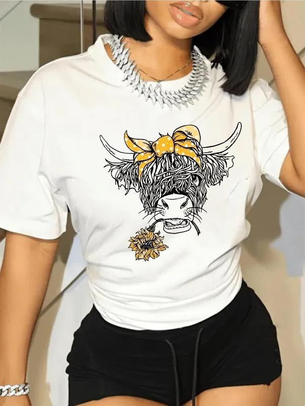 Women'WB shield Cartoon Bull Print Drop Shoulder Tee, Summer TNF Women, Fashion Casual Crew Neck T-Shirt for Daily...